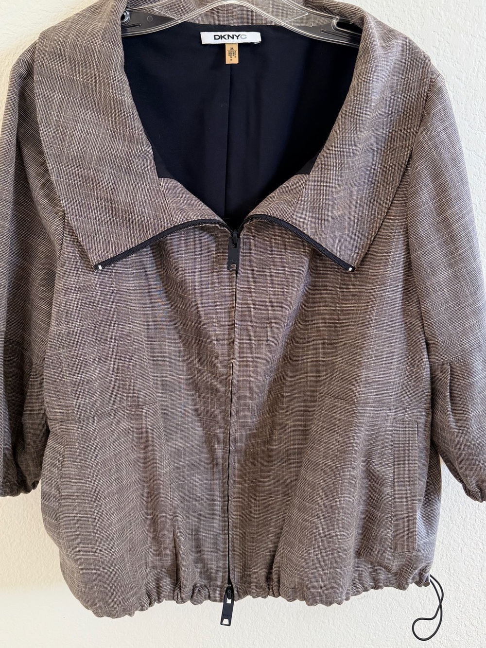 DKNY Gray Plaid Zip-Front 3/4 Sleeve Light Utility Jacket (Size XL)